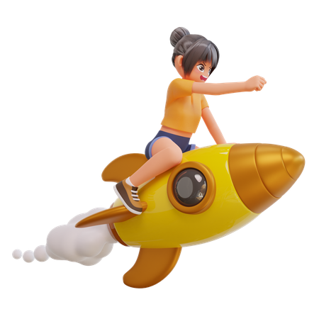 Chicas lindas están volando en cohete  3D Illustration
