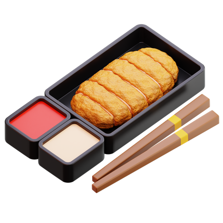 젓가락과 소스를 곁들인 치킨 가츠 슬라이스  3D Icon