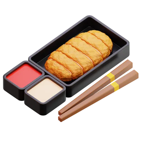 Chicken Katsu Slice With Chopsticks And Sauces  3D Icon