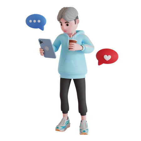 Niño charlando en las redes sociales mientras toma café  3D Illustration
