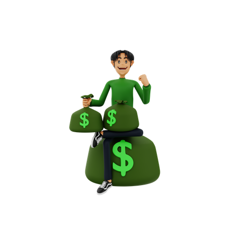 Niño con bolsas de dinero  3D Illustration