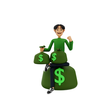 Niño con bolsas de dinero  3D Illustration
