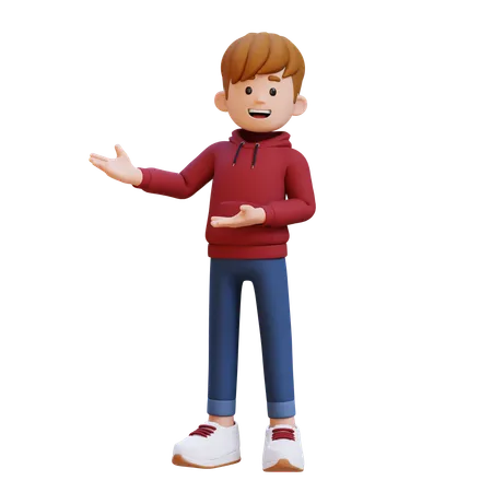 Niño con capucha que se presenta hacia el lado derecho  3D Illustration