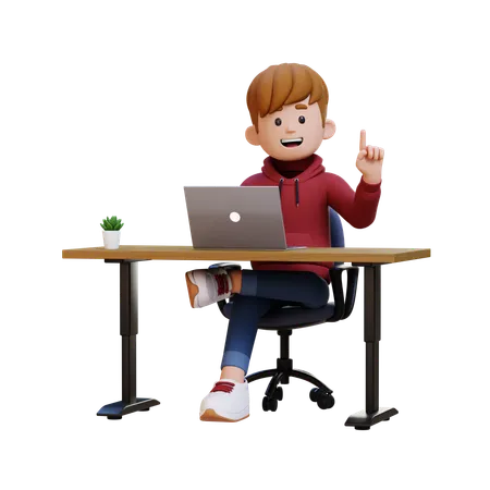 Chico con sudadera con capucha que tiene una idea mientras trabaja en una computadora portátil  3D Illustration