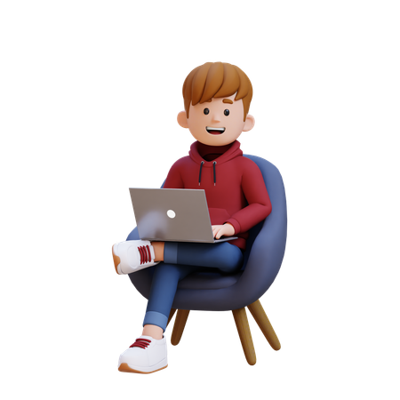 Niño con capucha sentado en un sofá mientras trabaja con una computadora portátil  3D Illustration