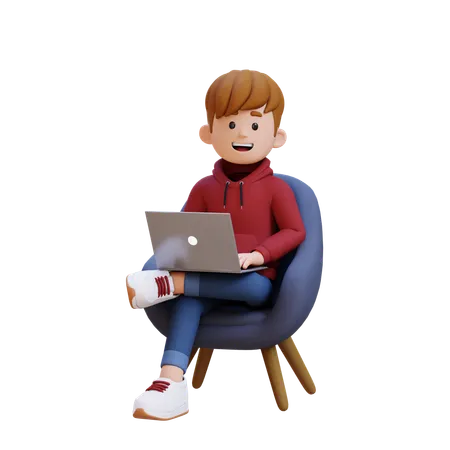 Niño con capucha sentado en un sofá mientras trabaja con una computadora portátil  3D Illustration