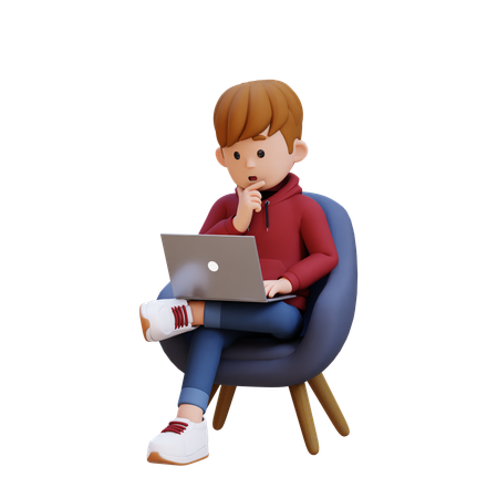 Niño con capucha sentado en un sofá y trabajando en una computadora portátil en pose de pensamiento  3D Illustration