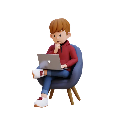 Niño con capucha sentado en un sofá y trabajando en una computadora portátil en pose de pensamiento  3D Illustration