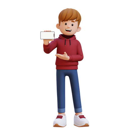 Niño con capucha sosteniendo un teléfono inteligente con la pantalla vacía  3D Illustration