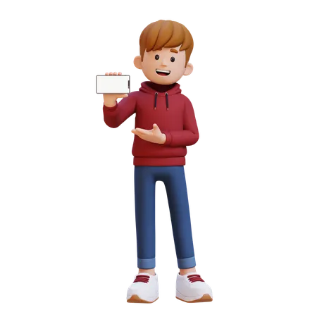 Niño con capucha sosteniendo un teléfono inteligente con la pantalla vacía  3D Illustration