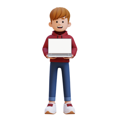 Niño con capucha sosteniendo una computadora portátil con la pantalla vacía  3D Illustration