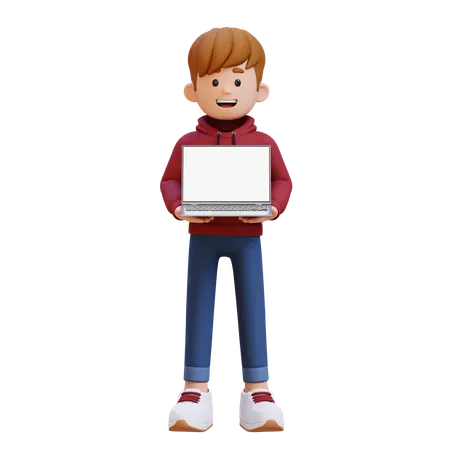 Niño con capucha sosteniendo una computadora portátil con la pantalla vacía  3D Illustration