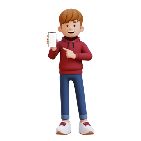 Niño con capucha sosteniendo y señalando un teléfono inteligente con pantalla vacía  3D Illustration