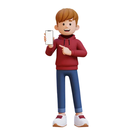 Niño con capucha sosteniendo y señalando un teléfono inteligente con pantalla vacía  3D Illustration