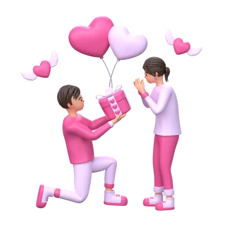 Niño dando regalo a su novia  3D Illustration
