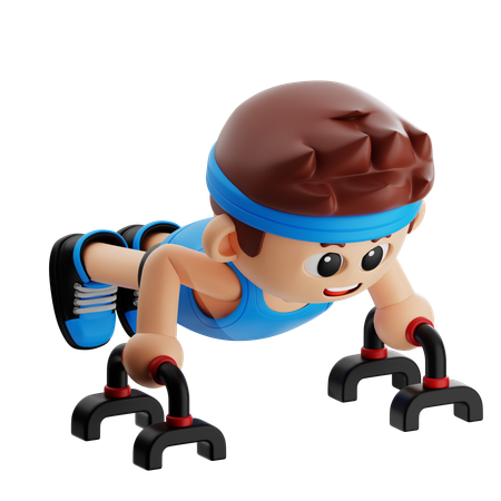 Chico de gimnasio haciendo flexiones usando soporte de flexiones  3D Illustration