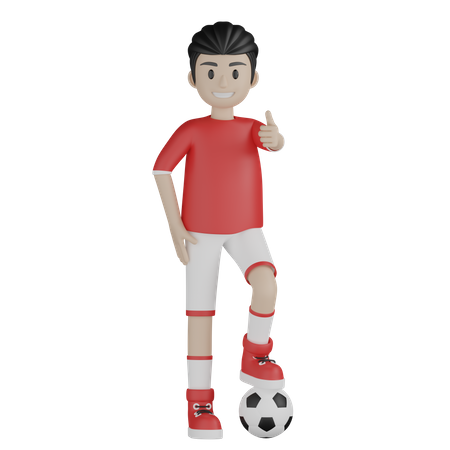 Chico deportivo mostrando el pulgar hacia arriba y preparándose para patear fútbol  3D Illustration