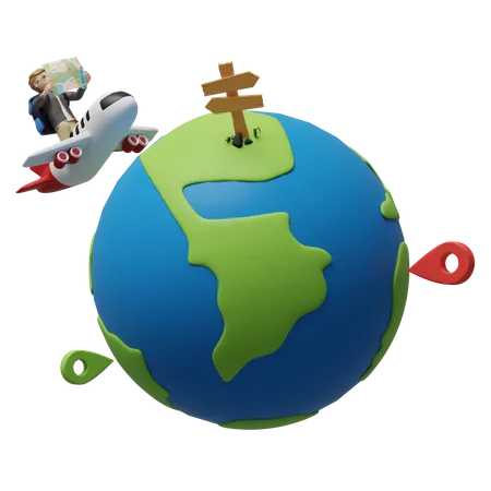 Niño en gira mundial explorando el mundo.  3D Illustration