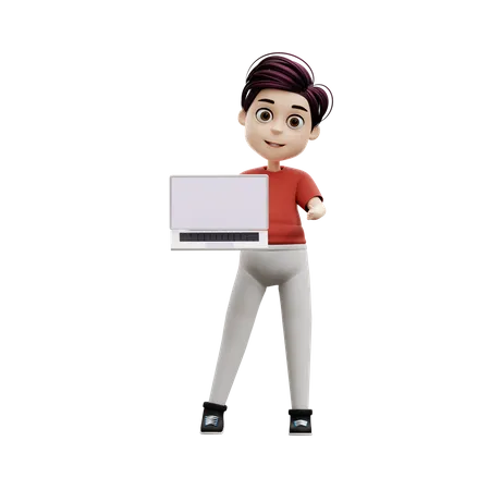 Chico estudiante usando una computadora portátil  3D Illustration