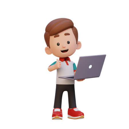Chico guapo mostrando el pulgar hacia arriba mientras sostiene una computadora portátil  3D Icon