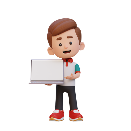 Chico guapo sosteniendo y presentando una computadora portátil con pantalla vacía  3D Icon
