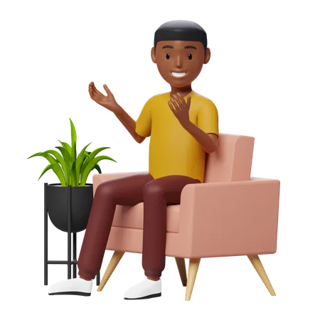 Chico hablando mientras está sentado en el sofá  3D Illustration