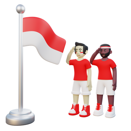 Un indonesio saludando a la bandera de Indonesia el 17 de agosto, día de la independencia  3D Illustration