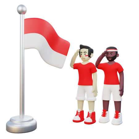 Un indonesio saludando a la bandera de Indonesia el 17 de agosto, día de la independencia  3D Illustration