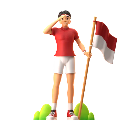 Chico indonesio saludando a la bandera de Indonesia en el día de la independencia de Indonesia  3D Illustration