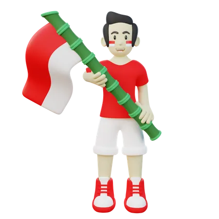 Chico indonesio sosteniendo la bandera de Indonesia  3D Illustration