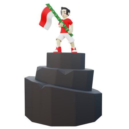 Chico indonesio sosteniendo la bandera de Indonesia en la cima de una montaña  3D Illustration