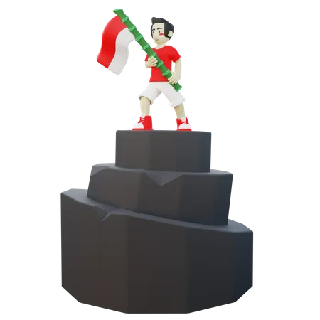 Chico indonesio sosteniendo la bandera de Indonesia en la cima de una montaña  3D Illustration