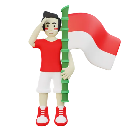 Chico indonesio sosteniendo la bandera de Indonesia mientras saludaba  3D Illustration