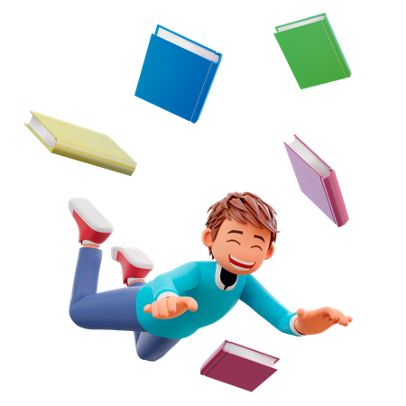 Chico lindo cae con muchos libros.  3D Illustration