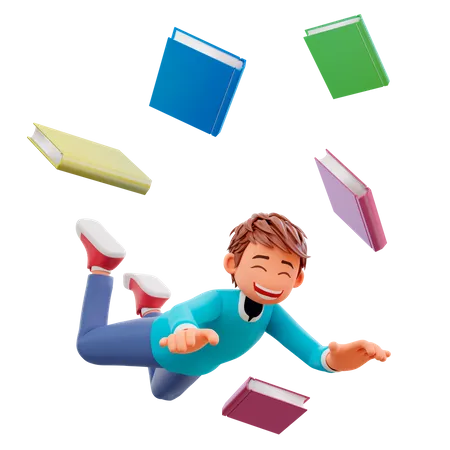 Chico lindo cae con muchos libros.  3D Illustration