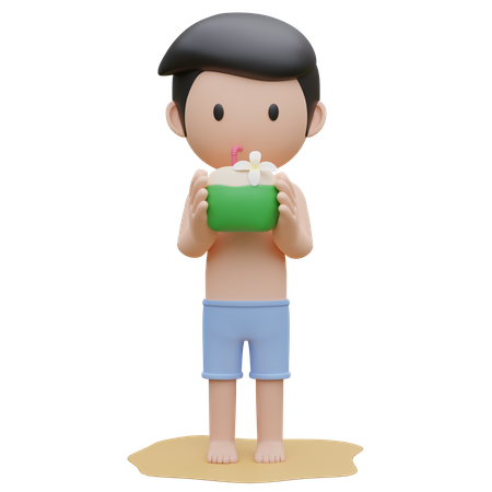 Chico lindo sosteniendo el coco en la playa en verano  3D Illustration