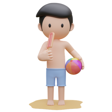 Chico lindo sosteniendo el helado y la pelota de playa en la playa en verano  3D Illustration