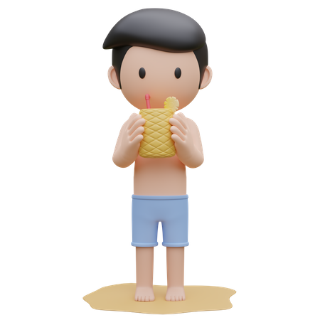 Chico lindo sosteniendo la piña en la playa en verano  3D Illustration