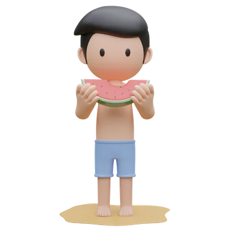 Chico lindo sosteniendo sandía en la playa en verano  3D Illustration