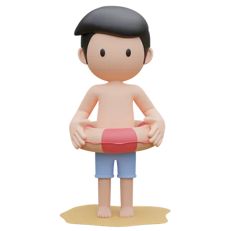 Un chico lindo con un anillo de natación en la playa en verano  3D Illustration