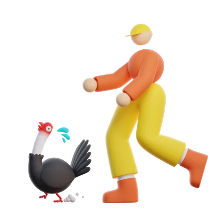 Chico persigue pollo  3D Illustration