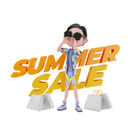 Chico promocionando rebajas de verano.  3D Illustration