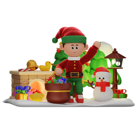 Chico saluda con saco de regalos  3D Icon