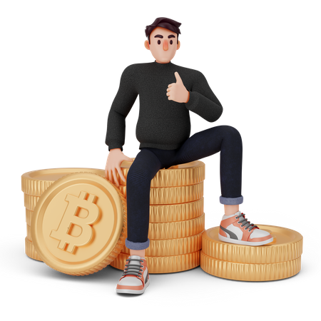 Un tipo único sentado en una pila de bitcoins  3D Illustration