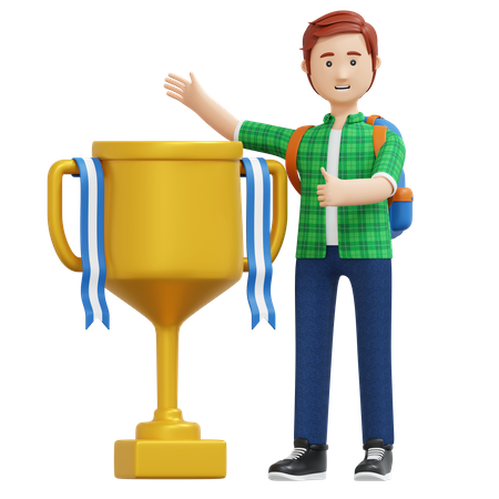 Chico universitario ganando el trofeo de oro  3D Illustration