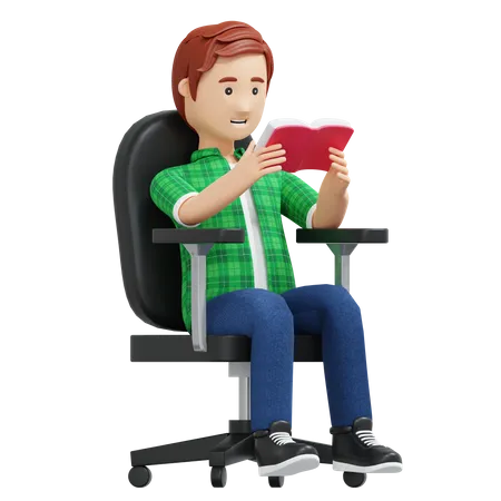 Chico Universitario Leyendo Un Libro Mientras Esta Sentado En Una Silla De Oficina Ilustracion De Dibujos Animados En 3 D 3D Illustration