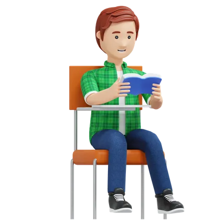 Chico Universitario Leyendo Un Libro Mientras Esta Sentado En Una Silla Ilustracion De Dibujos Animados En 3 D 3D Illustration