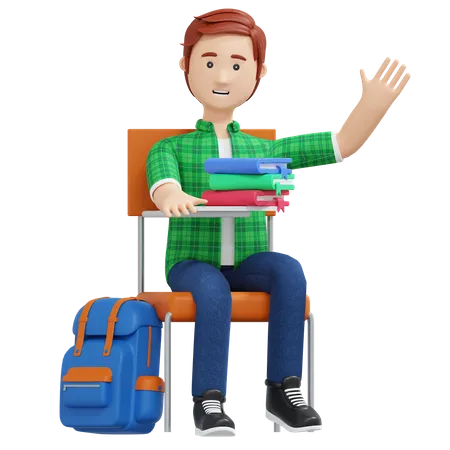 Chico universitario sentado en una silla de aula  3D Illustration