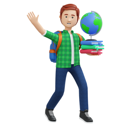 Chico universitario sosteniendo libro y globo  3D Illustration