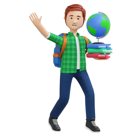 Chico universitario sosteniendo libro y globo  3D Illustration